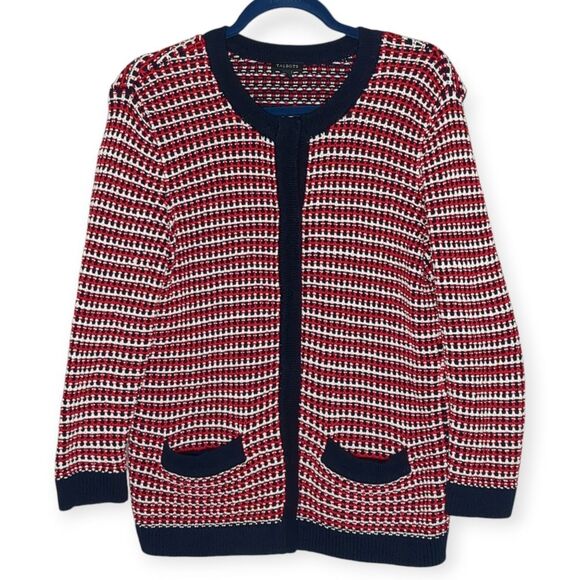 Talbots Cardigan Sweater Classic Red White Navy Snap Front Cotton Woven Sz M - Picture 1 of 10